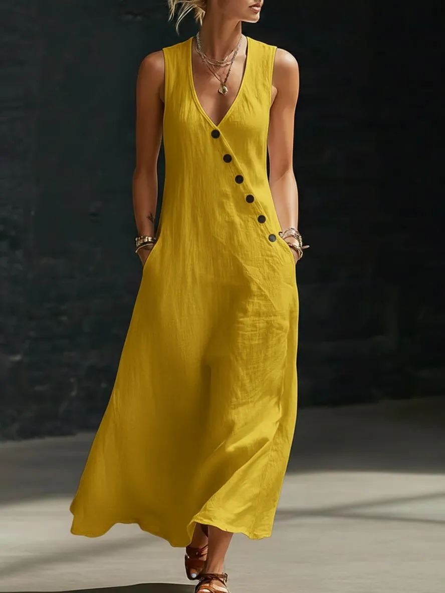 Boho Leinen Maxikleid - Perfekt für Strand, Urlaub & Brunch! Ärmelloses V-Ausschnitt-Kleid mit Knopfdetails und Taschen # ÄrmellosesKleid # Freizeitkleid # Sommerkleid # BohoMode # V-AusschnittKleid # KleiderFürFrauen # OutfitDesTages