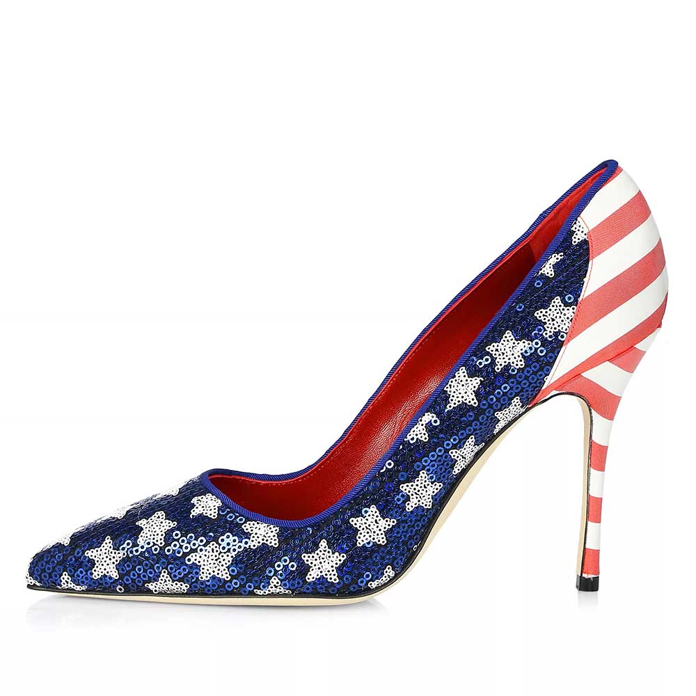 Blue & Red Sequin American Flag Pointed Toe Stiletto Pumps for Women