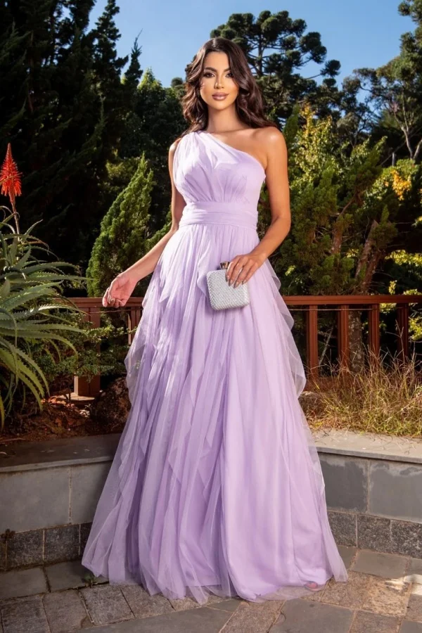 Light Purple Elegant Tulle One-Shoulder Prom Dress｜Acodress ZT0464