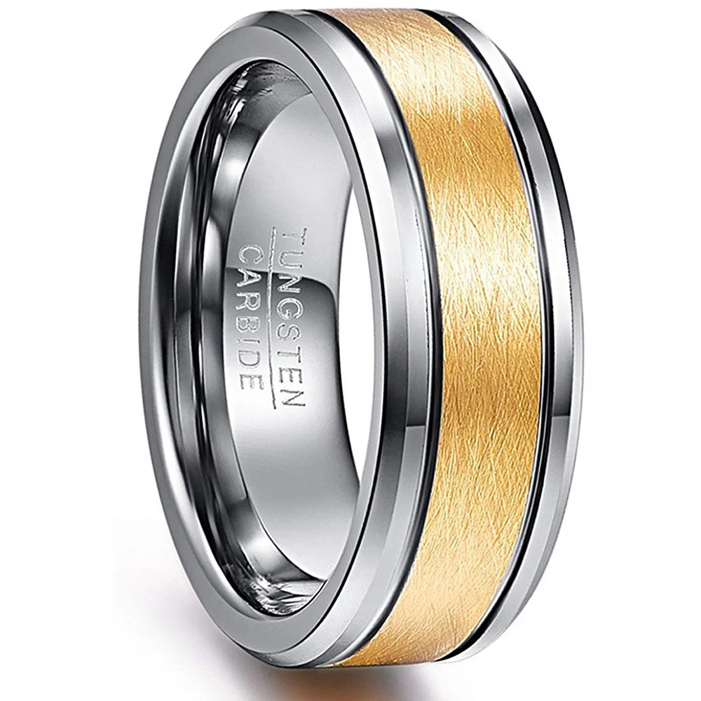 6mm 8mm Mens Women Gold Plated Tungsten Matching Brushed Couple Wedding Bands Beveled Edge Comfort Fit