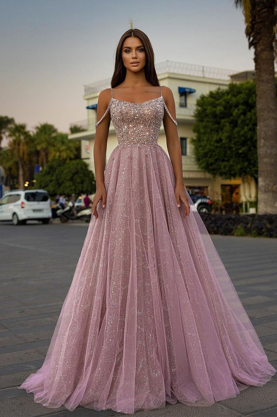 Tulle A-Line Long Spaghetti-Straps Prom Dress With Sequins Beads | Risias