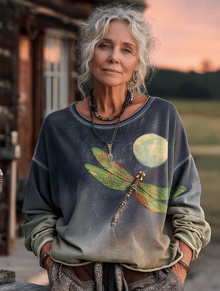 Women's Vintage Dragonfly Moon Art Print Casual Long Sleeve T-shirt