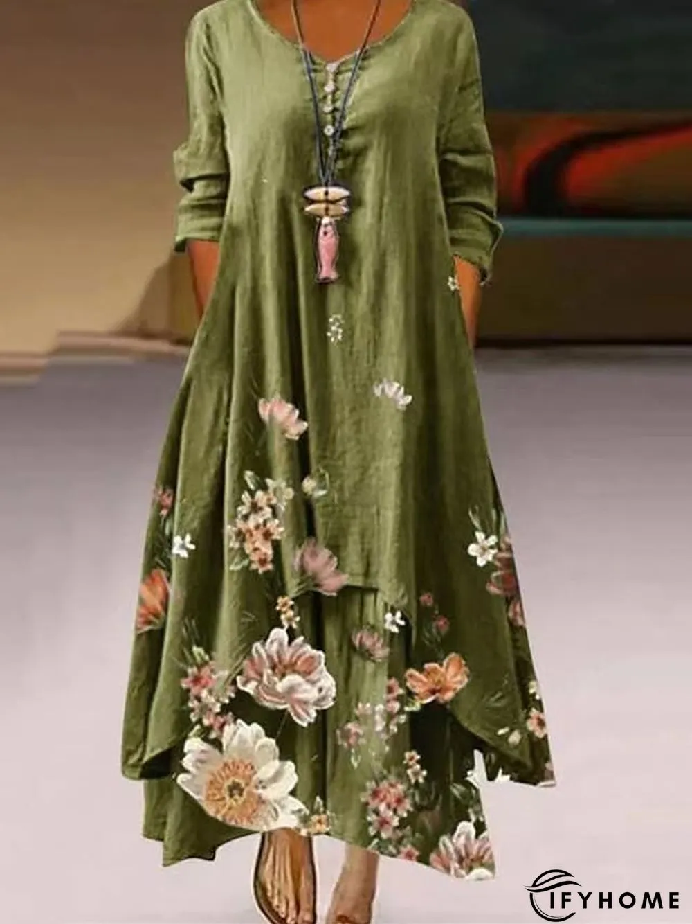 Women's Long Dress Maxi Dress Casual Dress Swing Dress Print Dress Animal Flower Casual Outdoor Daily Weekend Pocket Print Long Sleeve V Neck Dress Loose Fit Light Green Pink Purple Fall Spring S M L | IFYHOME