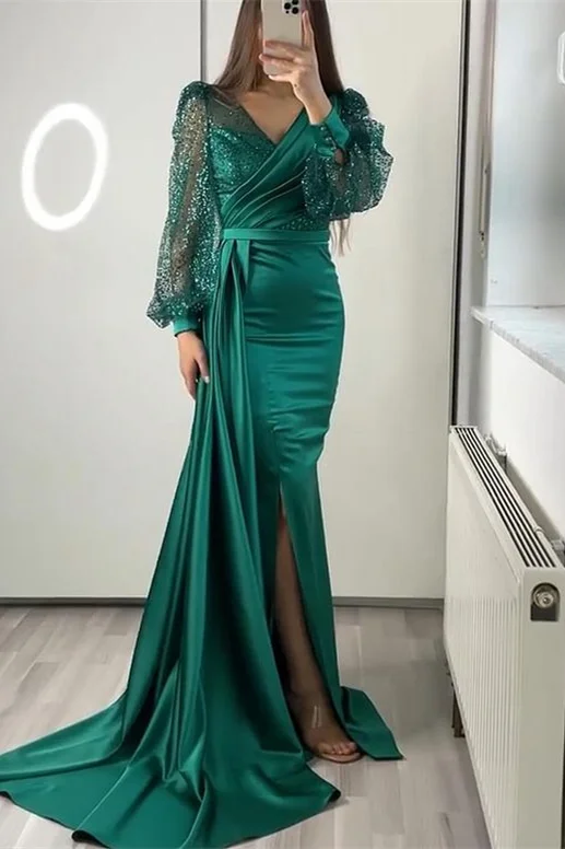 Miable Mermaid Sequins V-Neck Long Sleeves Split Evening Dress With Ruffle