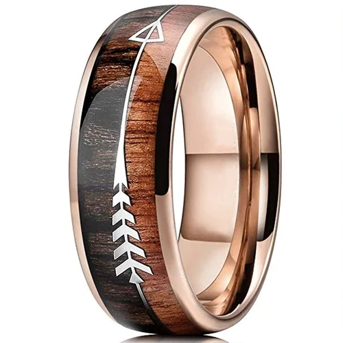 6MM 8MM Women's Or Men's Domed Tungsten Carbide Wedding Matching Rings Rose Gold Cupid's Arrow Over Wood Inlay With High Polish Dark Wood Inlay