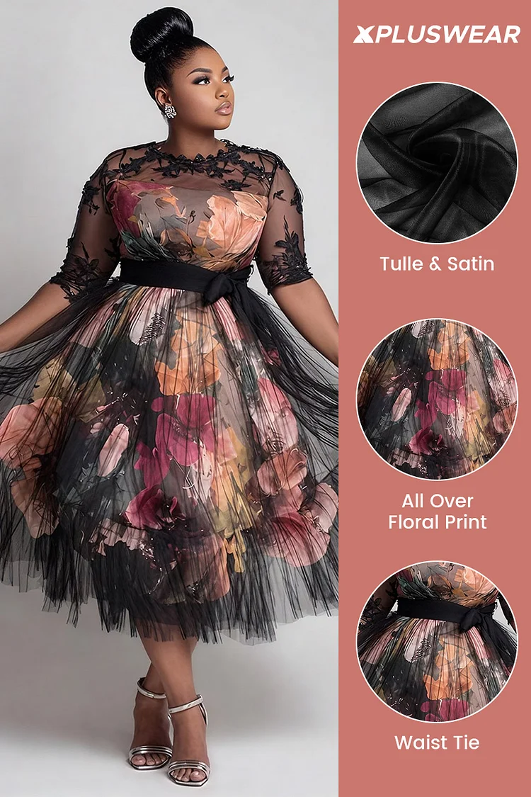 Xpluswear Design Plus Size Wedding Guest Satin Black All Over Print Round Neck Short Sleeve See Through Elegant Tulle Midi Dresses [Pre-Order]