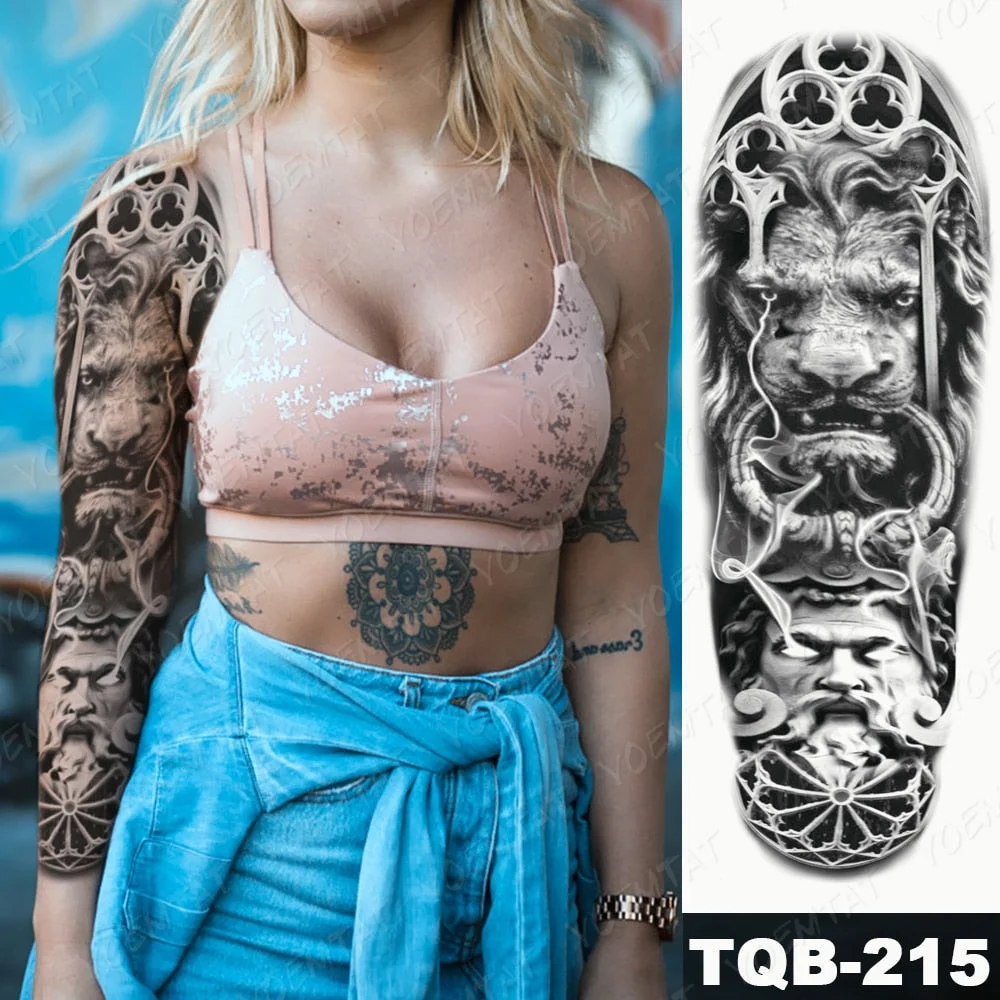 Large Arm Sleeve Tattoo Lion Cross Prayer Waterproof Temporary Tatto Sticker Tiger Beach Compass Body Art Full Fake Tatoo Men