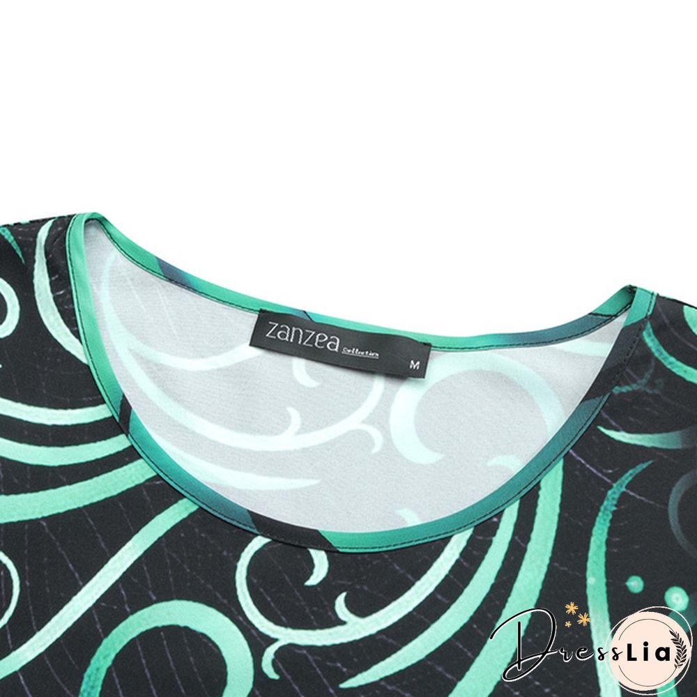 Women Kaftan Party Color Printed Long Shirt Dress Casual Flare Sleeve O Neck Slim Maxi Sundress