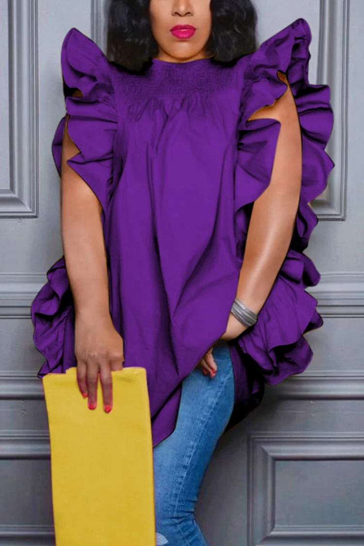 Xpluswear Plus Size Purple Round Neck Ruffle Blouse
