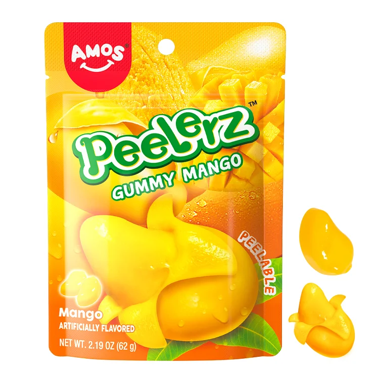 AMOS Gummy Candy Peely Fruity Gummy Mango, Peelable Fruit Candy, Novelty Tiktok Candy, Resealable 2.54oz Bag（Pack of 8）