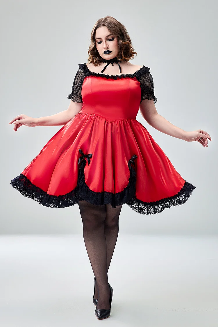 Xpluswear Design Plus Size Halloween Costume Gothic Red Satin Lace Bow Puff Sleeves Ruffle Layered Mini Dress 