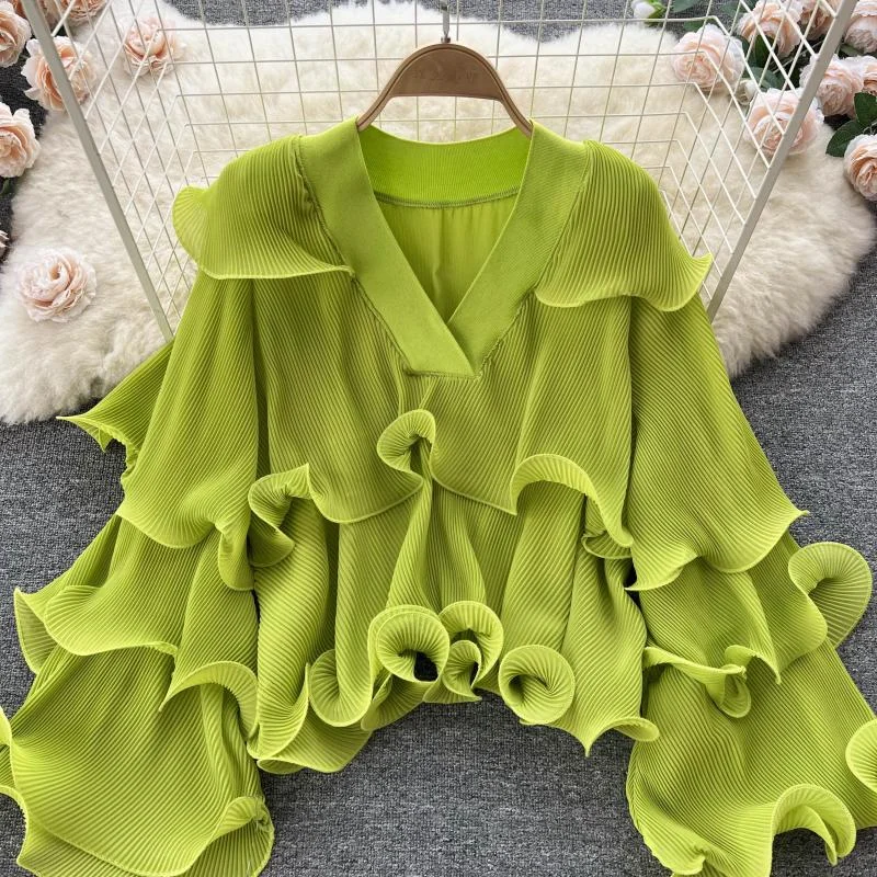 Toloer Spring Autumn Women Irregular Ruffle Draped Tops Female Elegant V-Neck Flare Long Sleeve Short Tops Vintage Blouse New Blusas 425-0-Outfit Ideas