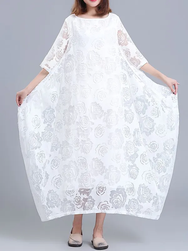 A-Line Loose Lacy See-Through Solid Color Split-Side Round-Neck Midi Dresses