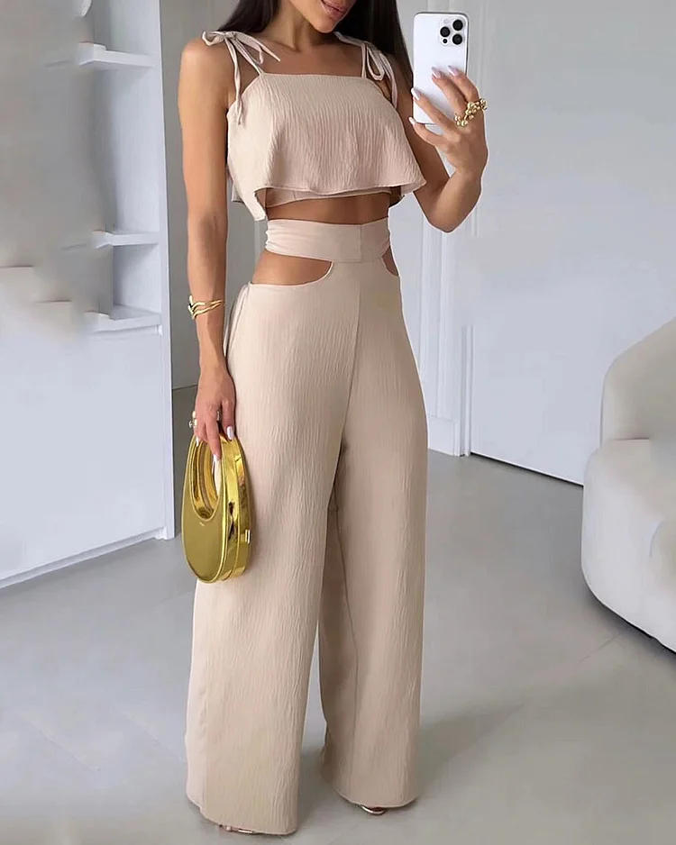 Solid Color Strappy Top & Hollow Wide-leg Pants Two-piece Set