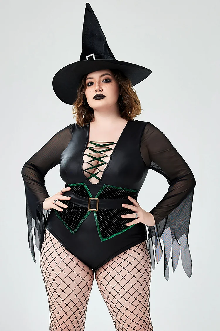 Xpluswear Design Plus Size Halloween Costume Black Lace Up Witch Knitted Bodysuit (Without Hat) 