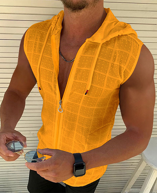 Vacation Sleeveless Zipper Drawstring Grid Hooded Vest