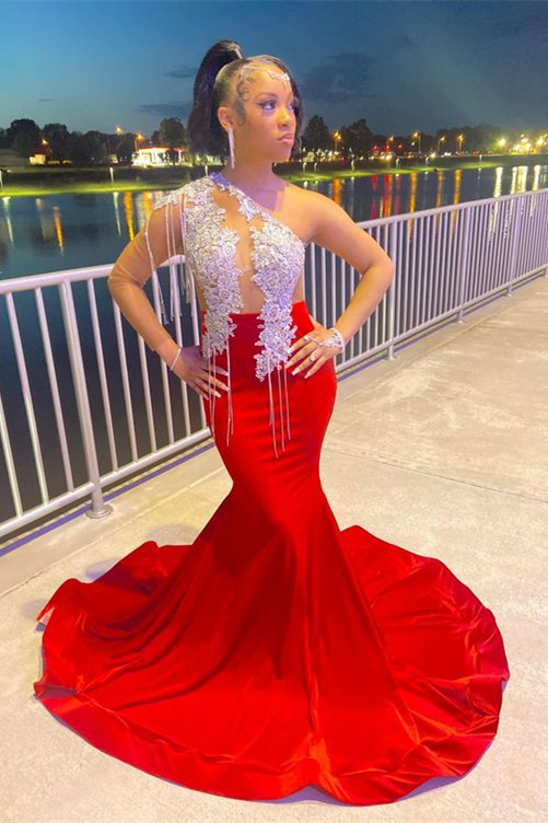 Hidais Chic Red One Shoulder Long Mermaid Prom Dress Trumpet With Tassel Appliques 