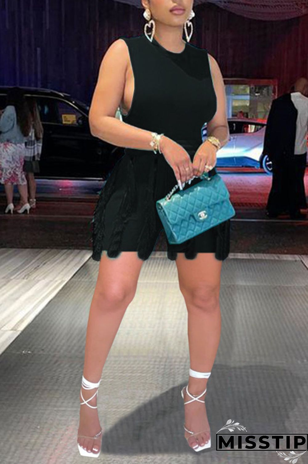 Peacock Blue Casual Solid Tassel Patchwork O Neck Sleeveless Two Pieces