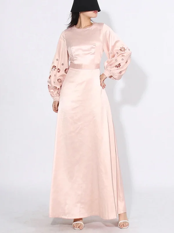 A-Line Long Sleeves Hollow Solid Color Round-Neck Maxi Dresses