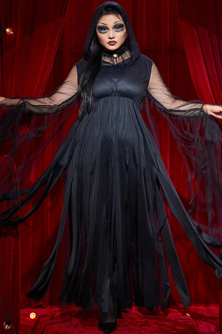 Xpluswear Design Plus Size Halloween Costume Gothic Black Mesh Fringe Maxi Dress 