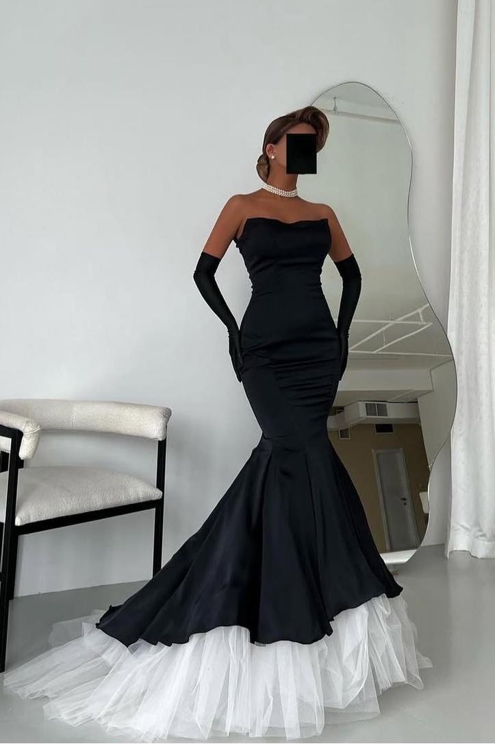 Miabel Luxurious Black Satin Sleeveless Strapless Mermaid Prom Dress with Gloves 