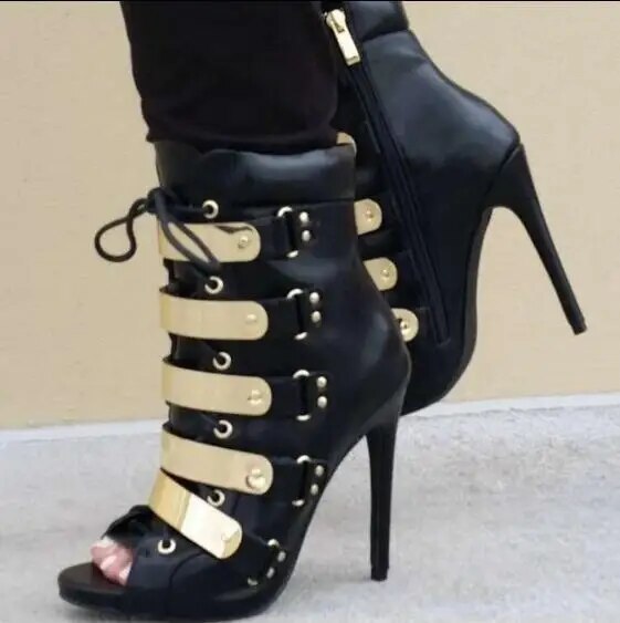 VCSHOES Women Black White Gold Metals Peep Toe Zip Thin Heels Short Ankle Boots Booties
