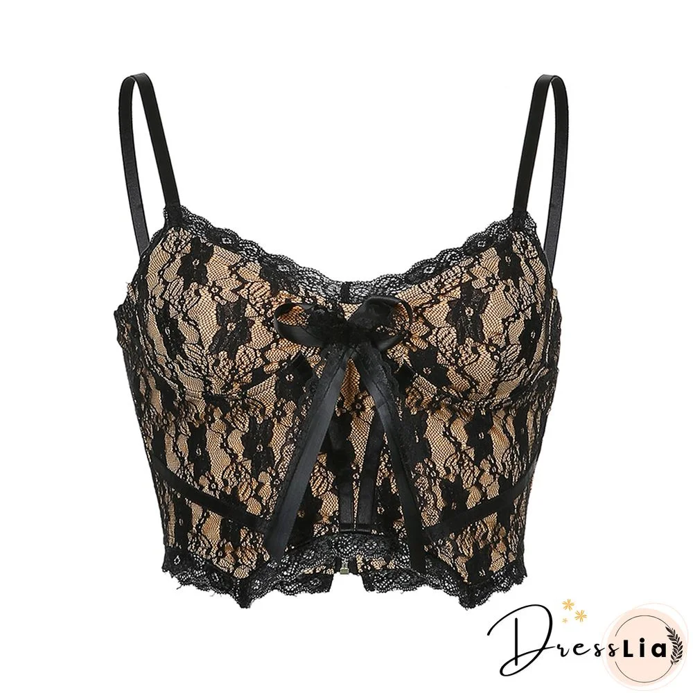 Womens Sexy Floral Lace Camisole Sleeveless Spaghetti Strap V Neck Crop Cami Tops With Bow