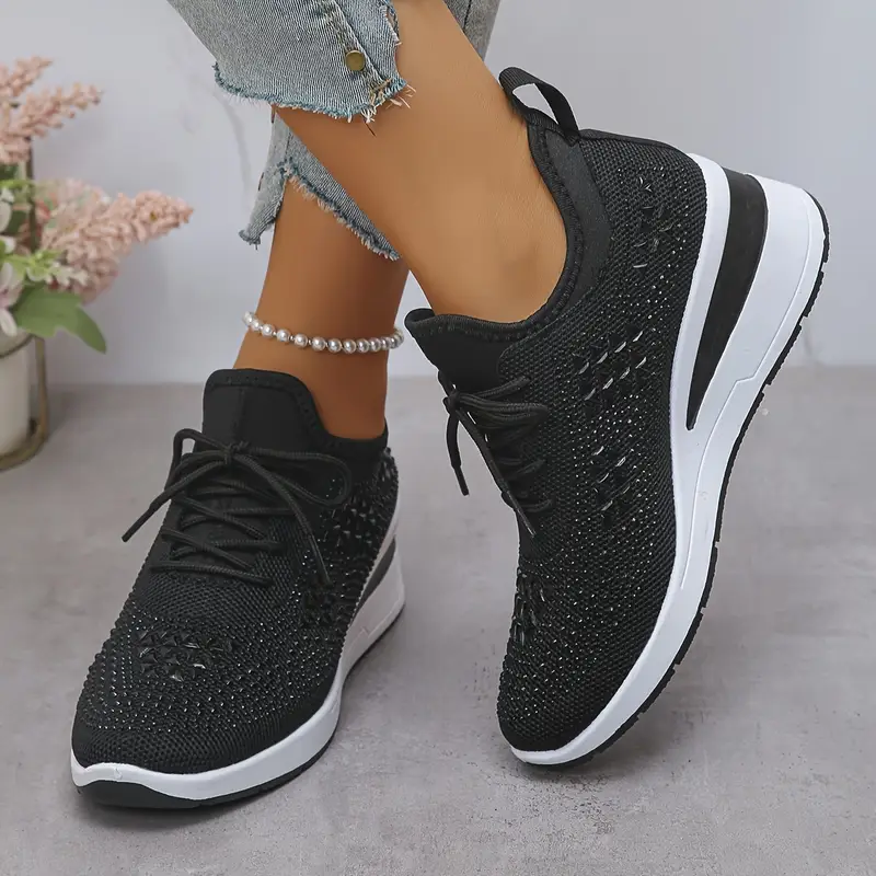 womens   embellished black sneakers comfortable low top lace up casual shoes with thick cushioned sole breathable fabric upper for   wear versatile for commuting   ladies sneakers everyday footwear stylish   durable rubber sole details 1