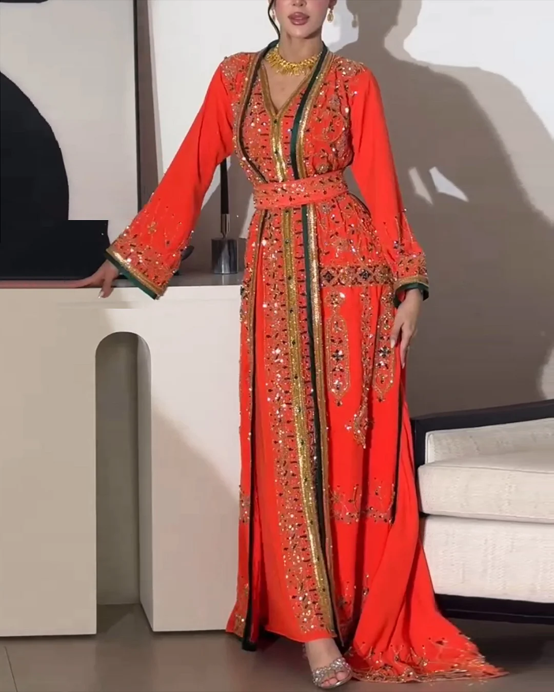 Women's V-neck embroidered sequined kaftan Dress