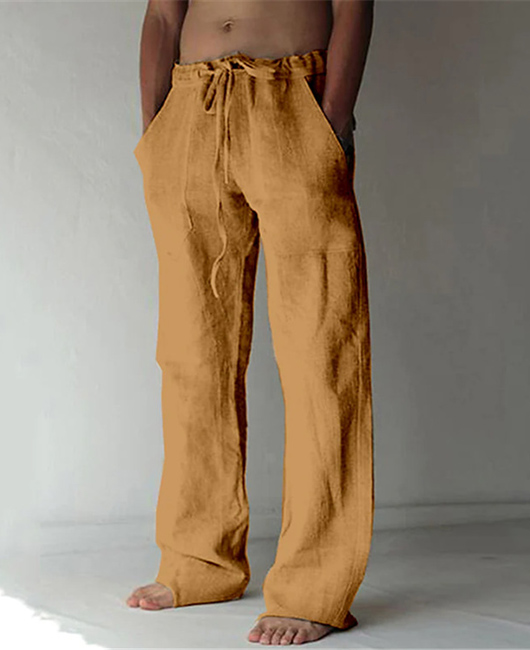 Linen Drawstring Loose Solid Color Side Pocket Casual Pants