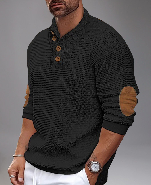 Casual Half Button Elbow Patch Knit Sweater