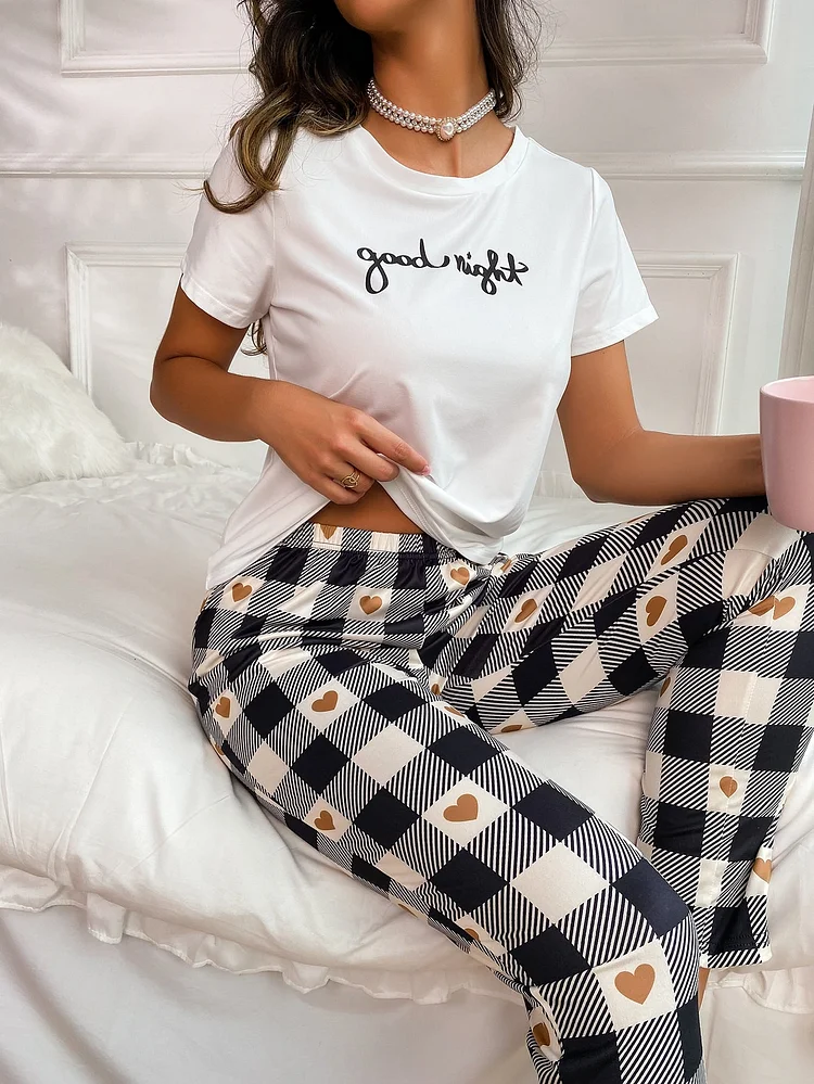 Plaid & Slogan Graphic PJ Set