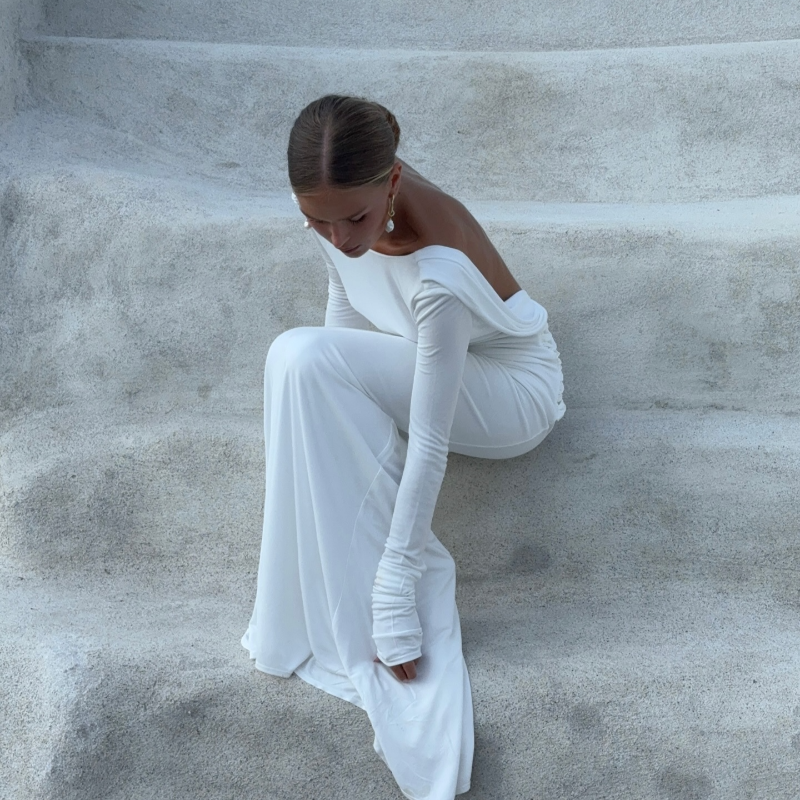 Fashion Solid Hollow Out Maxi Dress For Women Elegant Round Neck Long Sleeve Backless Slim Dresses 2025 New Female Evening Gowns