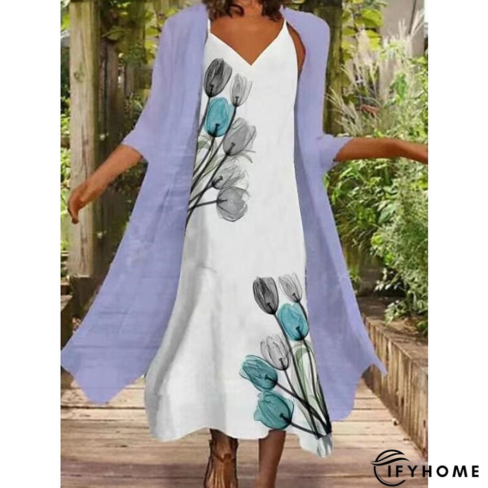 Women's Dress Set Two Piece Dress Shift Dress Daily Going out Fashion Streetwear Print Midi Dress Strap 3/4 Length Sleeve Floral Loose Fit Pink Light Purple Spring Summer S M L XL XXL | IFYHOME