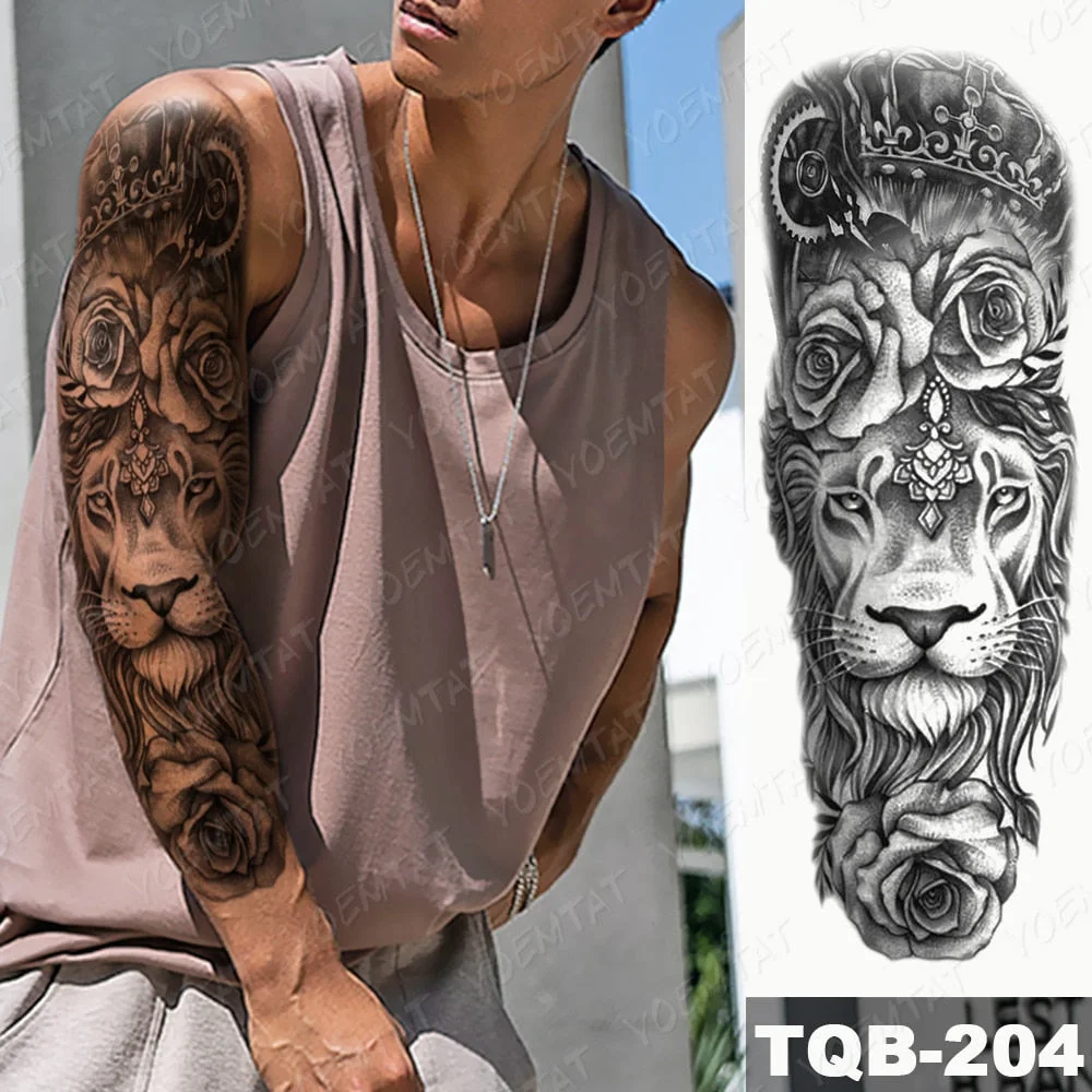 Large Arm Sleeve Tattoo Lion Cross Prayer Waterproof Temporary Tatto Sticker Tiger Beach Compass Body Art Full Fake Tatoo Men