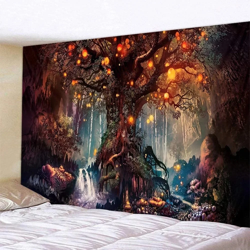 Psychedelic Trees Tapestry Wishing Lantern Trees Wall Hanging Landscape Wall Tapestry Carpet Bed Sheet Bohemian Hippie HomeDecor