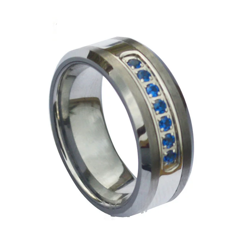 6MM 8MM Mens Tungsten Carbide Rings White Tungsten Carbon Fiber Polished Beveled Edge CZ Stone Channel