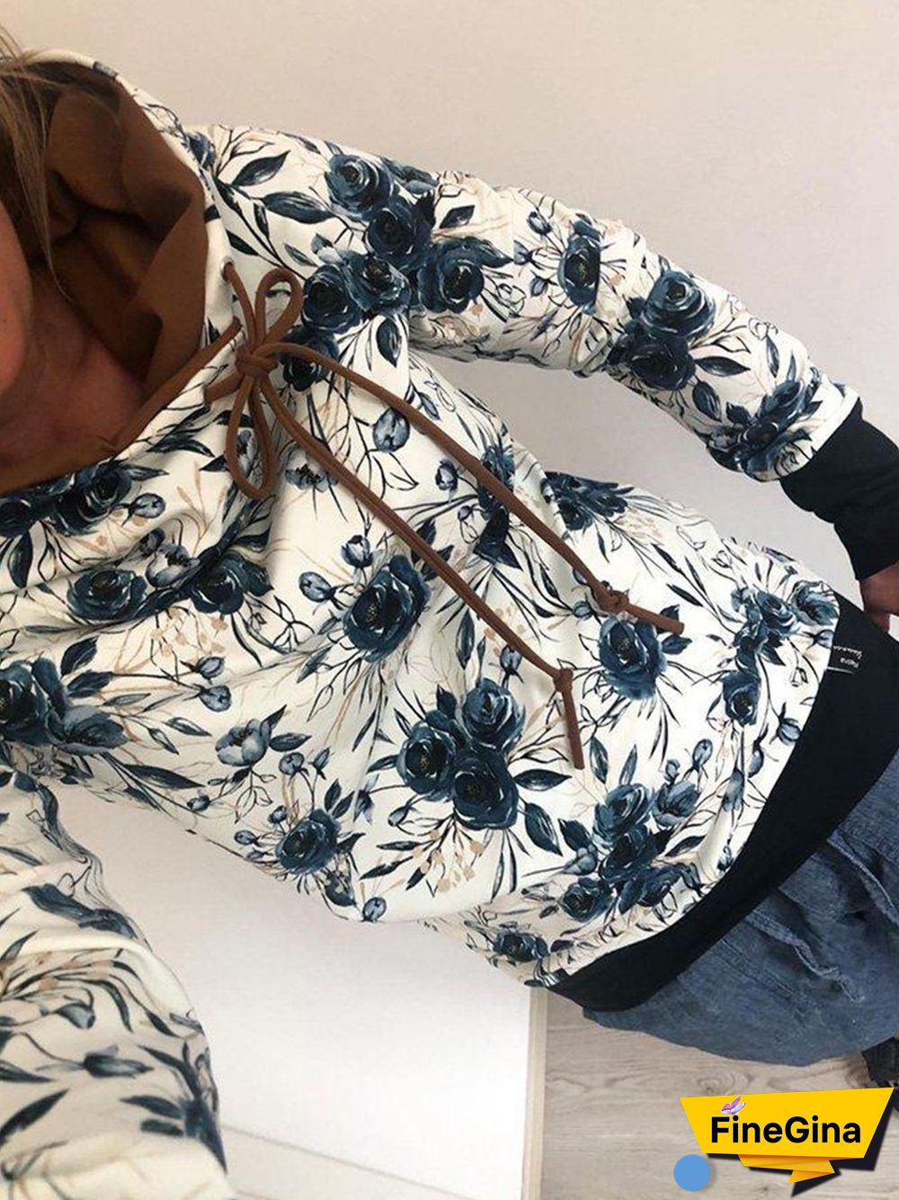 Vintage Floral Printed Paneled Hoodie Color-Block Long Sleeve Plus Size Casual Sweatshirts