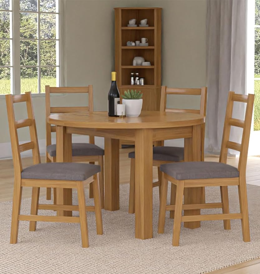 Hallowood Furniture Waverly - Mesa de comedor redonda pequeña de roble con acabado de roble claro con 4 sillas de roble con respaldo de escalera en asientos de tela gris, ideal para el hogar,