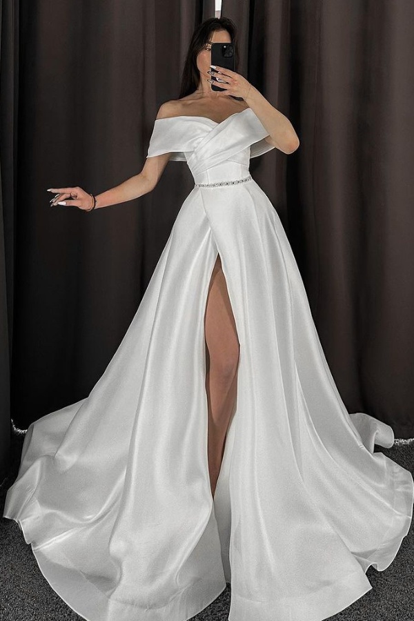 Ovlias Sexy Off-The-Shoulder White A-Line Satin Wedding Dress With High Slit YL0327