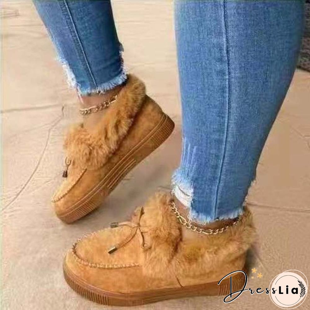 Women Bowknot Suede Faux Fur Moccasin Shoes Warm Lightweight Slippers Non-Slip Platform Shoes Winter Cute Soft Snow Boots Casual Suede Flat Plush Shoes