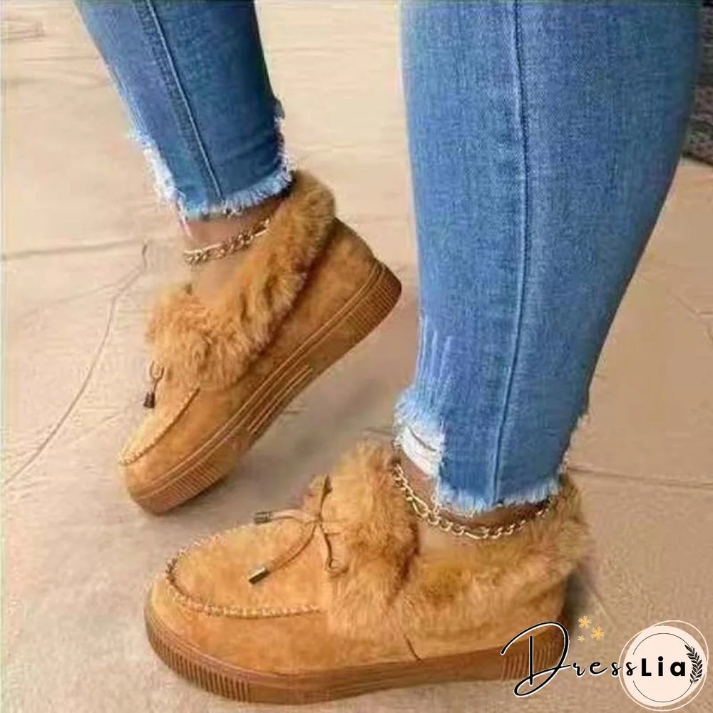 Women Bowknot Suede Faux Fur Moccasin Shoes Warm Lightweight Slippers Non-Slip Platform Shoes Winter Cute Soft Snow Boots Casual Suede Flat Plush Shoes