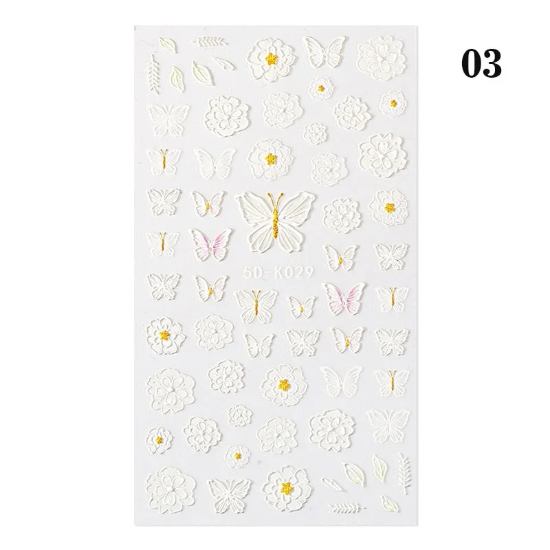 1PC White Embossed Flower Lace 5D Nail Stickers Flower Butterfly Wedding Nail Art Designs Decoration For Manicures