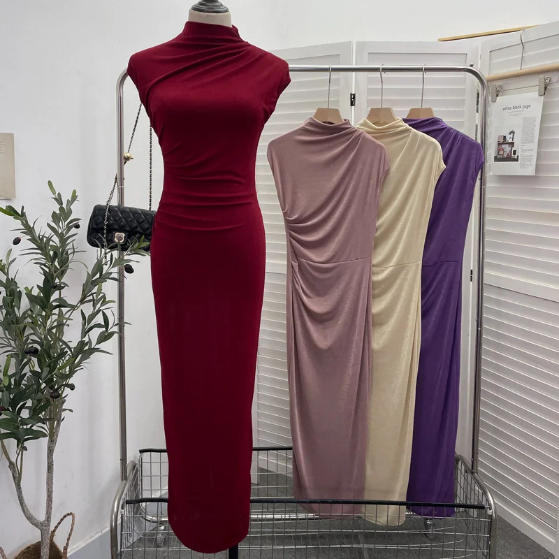 Nigikala Nigikala Unique Dress With Thin Folds And Hips High-Collar After The Opening Of The Fork Dress 8858