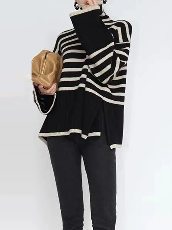 Long Sleeves Loose Buttoned Contrast Color Split-Joint V-Neck Sweatshirt Tops