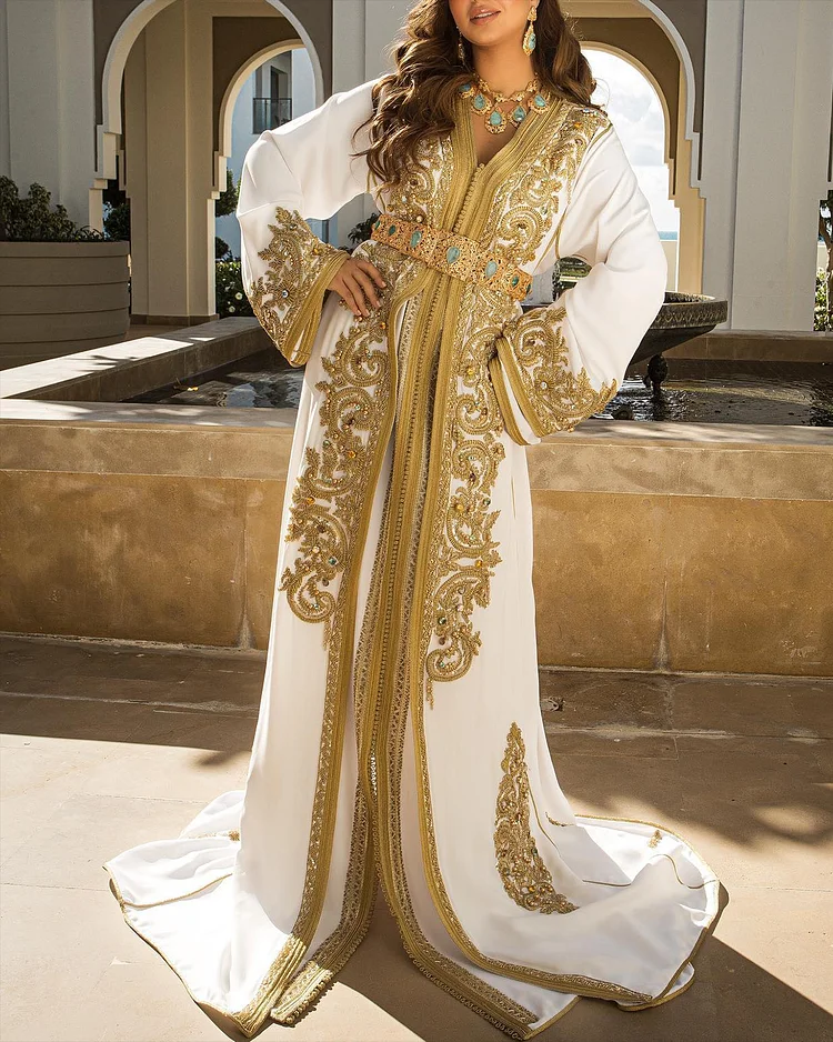 Women's V Neck Long Sleeve Embroidered Dress