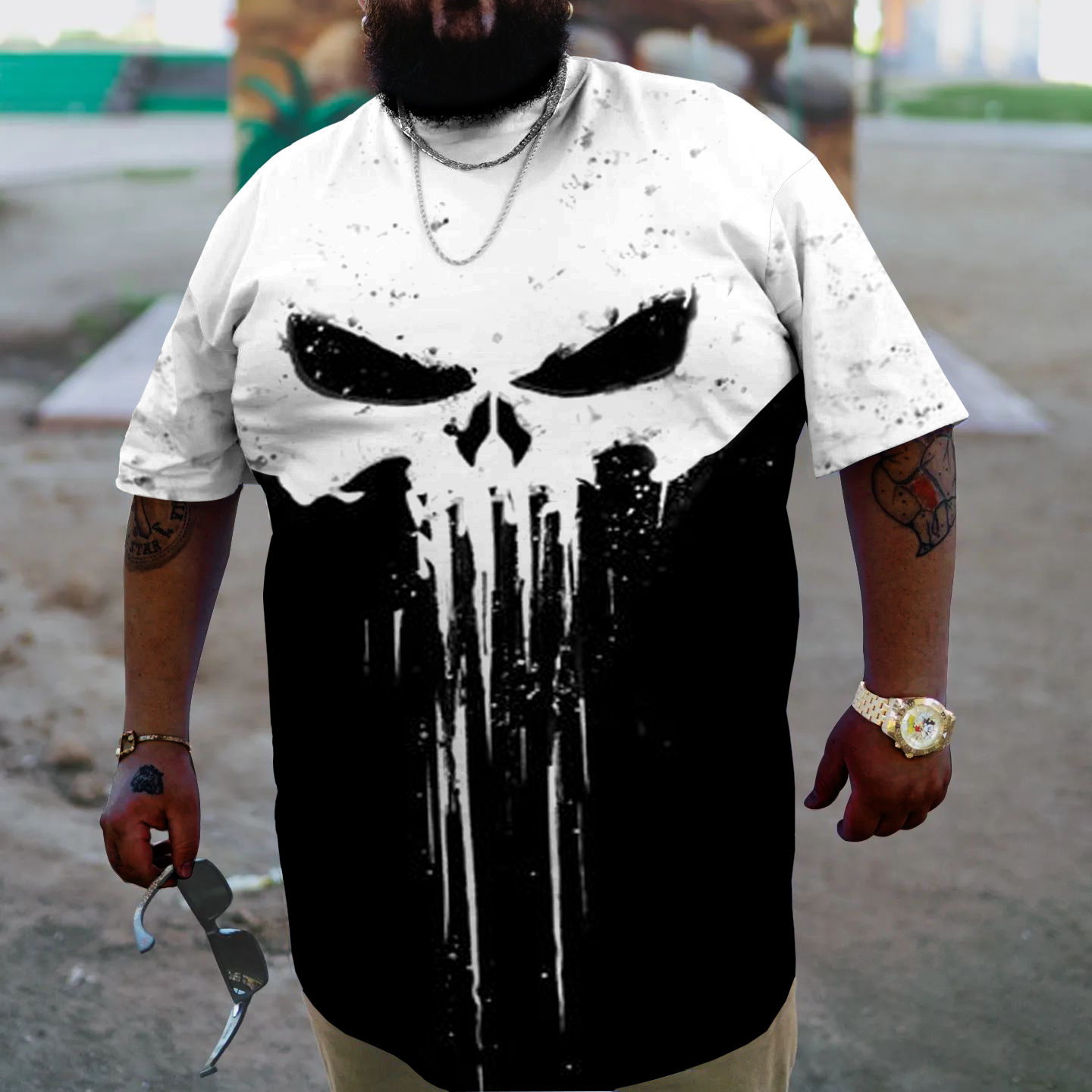 Men's Skull Color Block Plus Size Short Sleeve T-Shirt