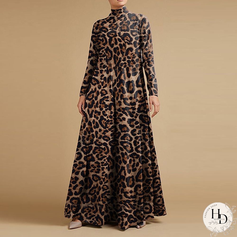 Women Holiday Leopard Print Long Sleeve Dress Ladies Baggy Long Maxi Shirt Dress