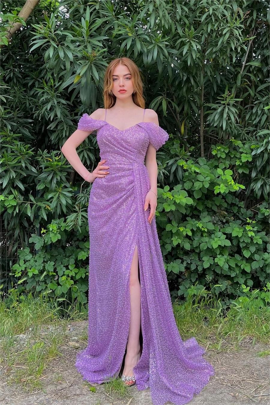 Lussooy Glamorous Off the Shoulder Spaghetti Strap Split Purple Sequins Prom Dress with Beadings 