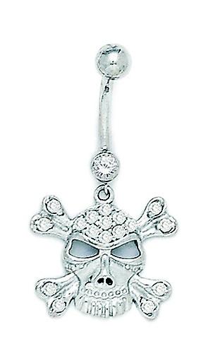 14k White Gold CZ 14 Gauge Dangling Skull Religious Faith Crossbones Body Jewelry Belly Ring Measures 35x18mm Jewelry Gi